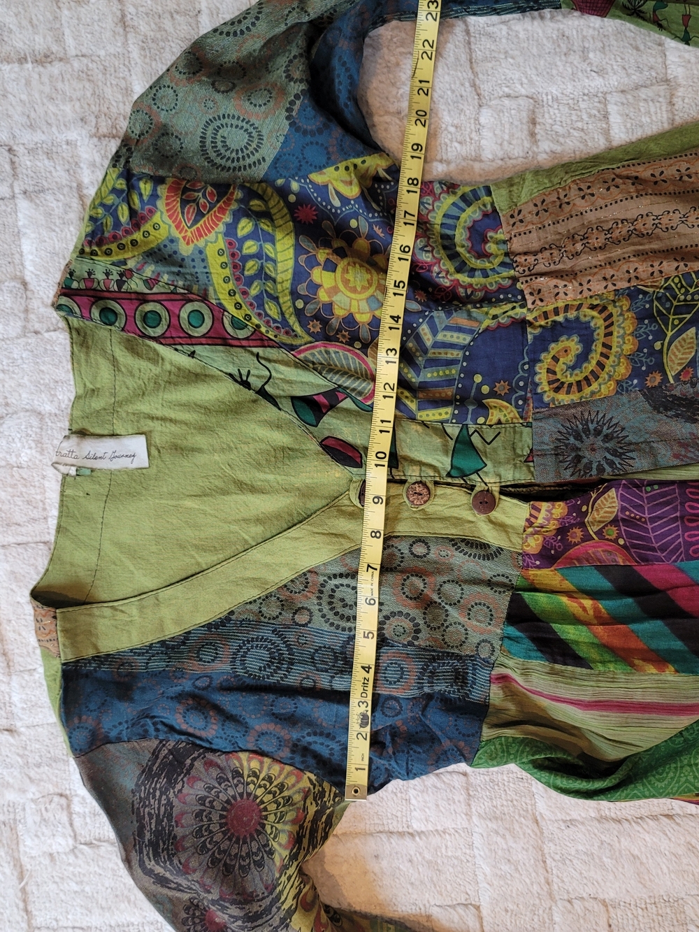ARATTA 100% Cotton Patchwork Bohemian Bell Sleeve Duster Dress Green Size M / L - Picture 8 of 12